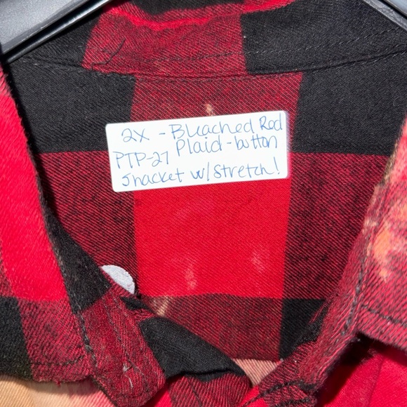 Blleached Red Plaid Button-Up Flannel with Sequin Reindeer, Size 2X - Picture 8 of 13
